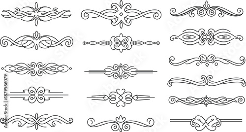 Elegant decorative line dividers, ornate flourishes, vintage swirls, symmetrical embellishments, certificate borders, invitation ornaments, classic scrolls, formal design elements
