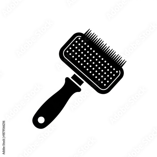 A grooming brush with a handle and rectangular head featuring pins is depicted in a simple illustration style.