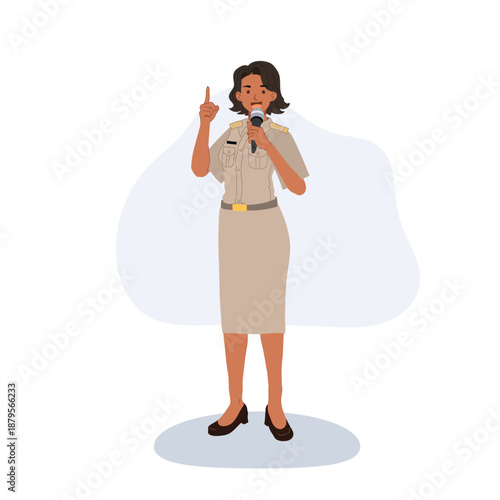 woman civil servant giving public announcement holding microphone