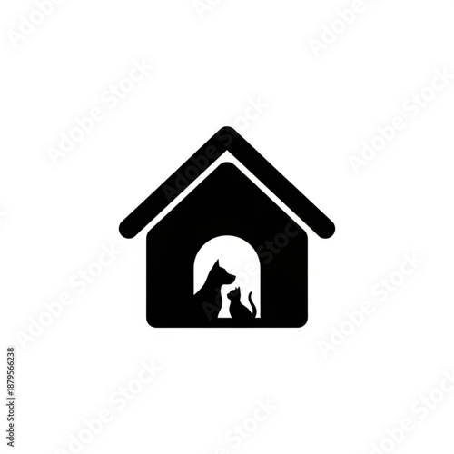A black and white illustration of a dog and cat together in a doghouse from a front viewpoint
