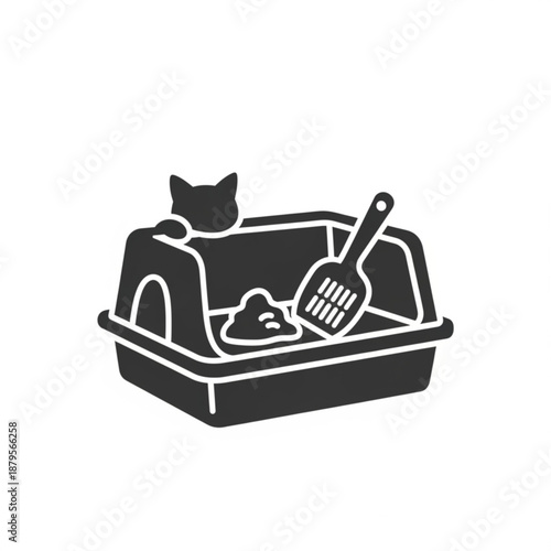 Domestic Cat Using Litter Box with Scoop and Waste Inside the Tray