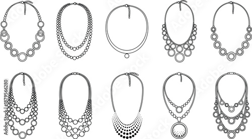 Elegant necklace illustration set, decorative jewelry designs, fashion accessory outlines, stylish beaded chains, detailed pendant and collar vector collection