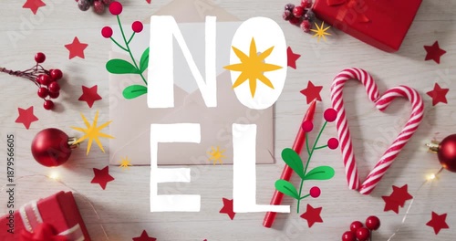 On start white letters stacking into NOEL over envelope branches drawing stars twinkling decorating