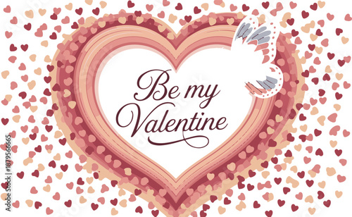 Large layered heart frame surrounded by scattered small hearts with Be my Valentine message inside