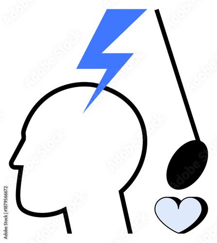Decision-making, emotional balance, stress management, cognitive processes, psychology, behavioral studies. Silhouette of a head with lightning bolt, pendulum and heart. Decision-making