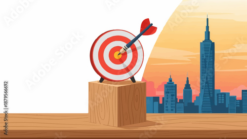 Target with dart on wooden block with city skyline at sunset