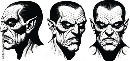 Evil monster head illustrations, dark gothic creature faces in black and white, horror character design set for comics, fantasy art, and tattoo concepts