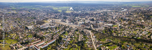 Aerial panoramic view of the old town city Dole in France on a sunny day
