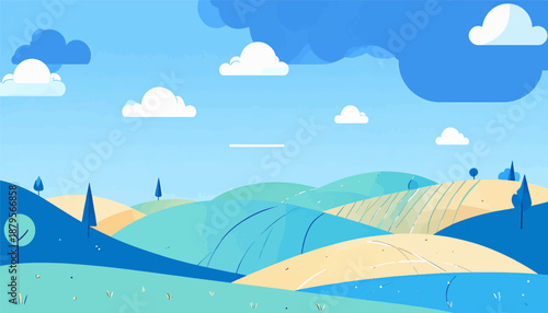 Stylized rolling hills under a cloudy blue sky with abstract trees and fields