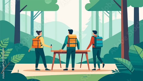 Three hikers with backpacks interact at a wooden table in a lush forest setting