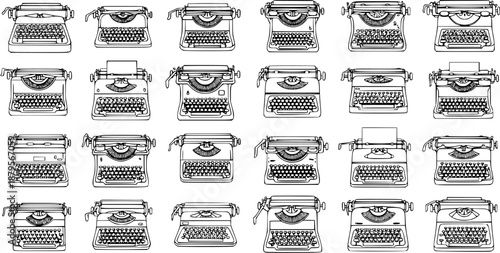 Seamless pattern featuring a collection of detailed vintage typewriters in black and white line art. Retro office equipment for classic design, writing, and literature themes.