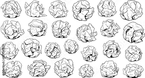 Crumpled Paper Balls Collection: Black and White Line Art Illustration