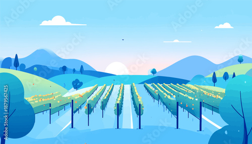 Stylized vineyard landscape at sunrise with rolling blue hills, clouds, and stylized trees