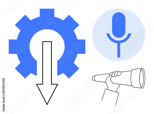 Business automation, voice recognition, technology tools, innovation, future trends, communication systems. Gear with arrow, microphone hand holding telescope. Automation and voice recognition ideas