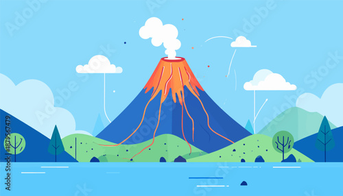 Stylized volcano erupting with lava and smoke, surrounded by hills, trees, and water