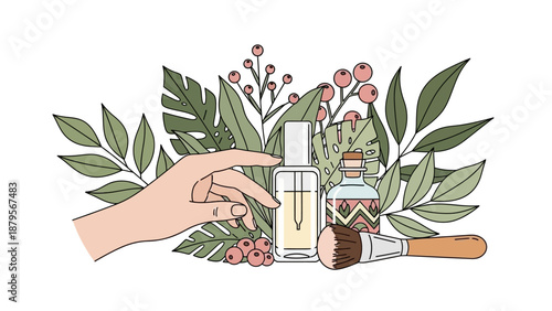 Hand reaching for natural cosmetic products with botanical elements.