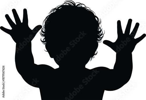 Silhouette of child with curly hair raising hands, expressive pose, black and white graphic, excitement gesture, transparent background illustration