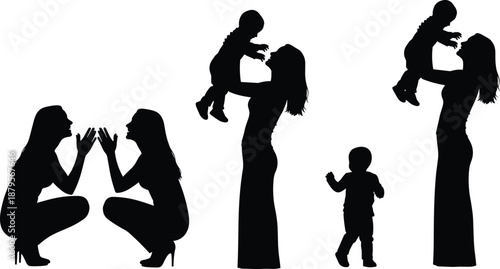 Silhouettes of adults and children in playful interaction, lifting and clapping poses, black and white graphic, bonding and care concept, transparent background illustration