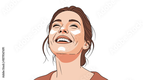 Joyful woman with closed eyes and open mouth laughing heartily.