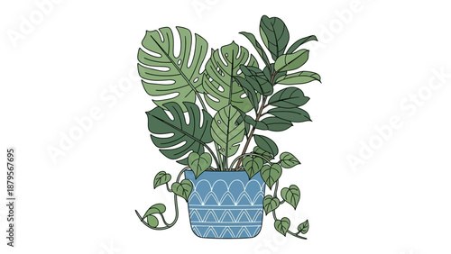 Lush green houseplant in a decorative blue pot, illustration.