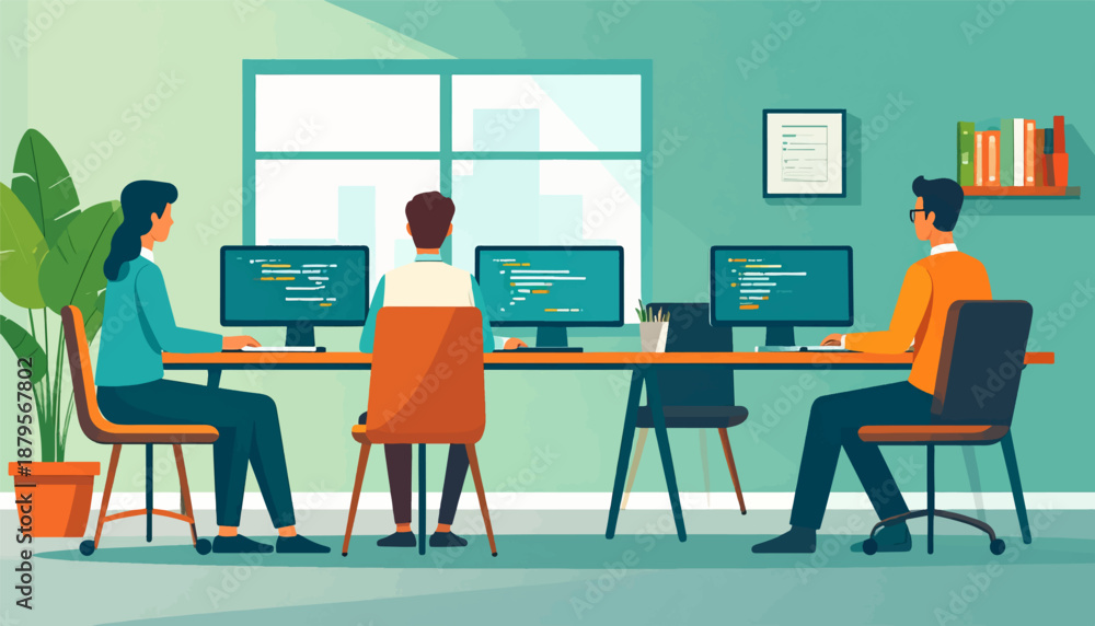 Fototapeta premium Team collaborates on coding projects at desks with computers and office plants