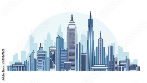 Modern City Skyline with Tall Skyscrapers and Urban Architecture.