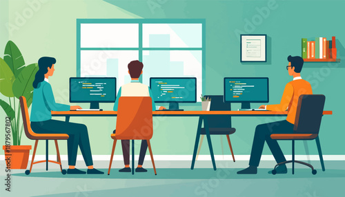 Team collaborates on coding projects at desks with computers and office plants