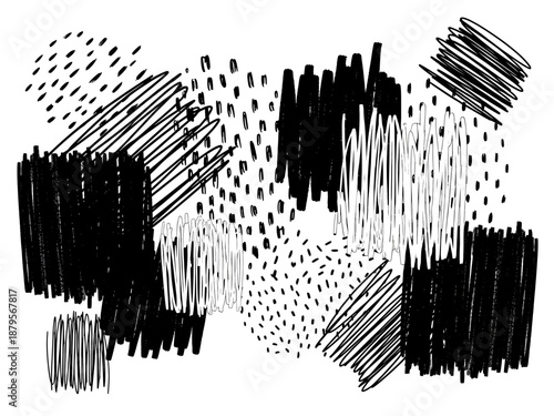 Abstract illustration featuring graphic elements, lines, patterns, shapes, and textures in a dynamic composition viewed from a straightforward perspective