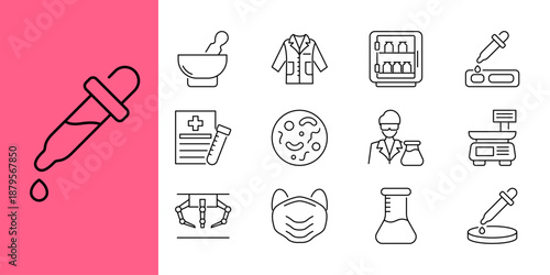 Essential outline icons representing scientific laboratory equipment, medical research tools, chemistry instruments, and healthcare supplies for modern projects
