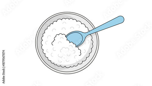 Overhead view of a bowl of white sugar with a blue spoon, simple illustration.