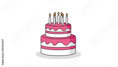 Pink Birthday Cake with Lit Candles.