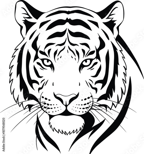 Black and white tiger head illustration, tribal tattoo style, fierce animal 