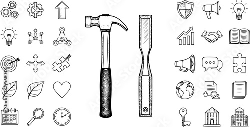 Hand-drawn business and concept icons collection, featuring a hammer, chisel, and a diverse range of doodles including ideas, strategy, communication, success, and nature elements.