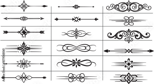 Black ornate decorative divider borders vector set with symmetrical vintage flourishes, curls, arrows and tribal elements for frames, invitations, certificates and menu designs eps