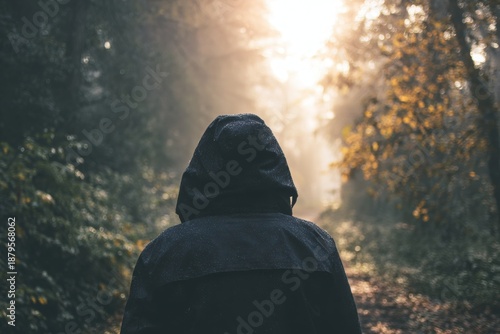 A person is walking through a forest wearing a black jacket
