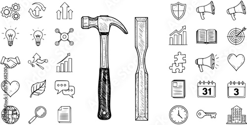 Tableau sur toile Hand-Drawn Sketch Icon Set Featuring Tools (Hammer, Chisel) Alongside Business,