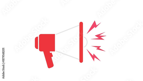 Red and white megaphone icon with sound waves.