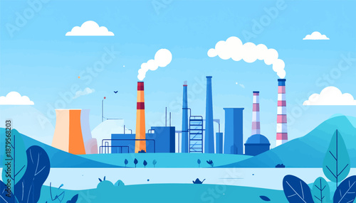 Stylized industrial landscape with power plant, smokestacks, and a serene blue river below