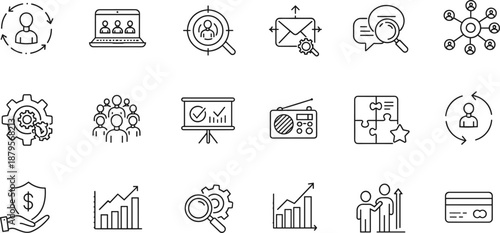 Business icons set, teamwork, digital communication, performance growth,