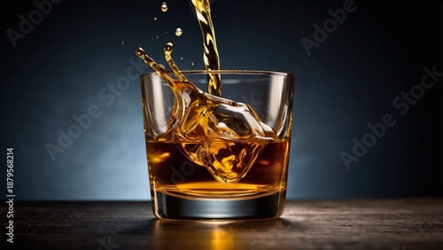 Slow-motion style whiskey pour into a glass tumbler, amber liquid creating ripples and tiny splashes against a dark background.