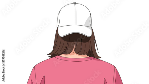 Rear view of a woman wearing a white cap and pink t-shirt.