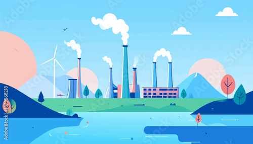 Stylized industrial landscape with power plants, wind turbine, and water