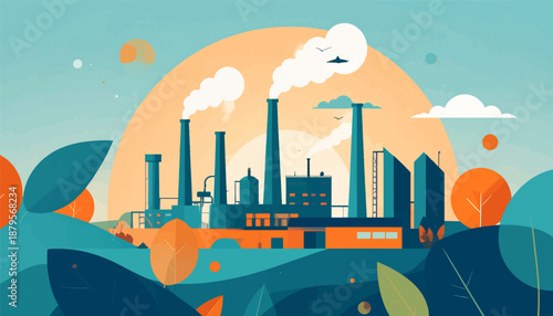 Stylized industrial landscape with smokestacks emitting plumes under a large orange sun