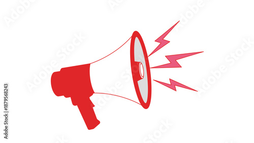 Red and White Megaphone with Sound Waves on White Background.