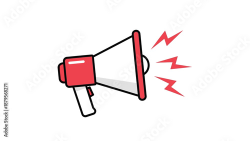 Red and white megaphone with sound waves on a white background.