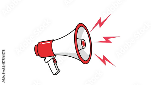 Red and white megaphone with sound waves, simple cartoon illustration.