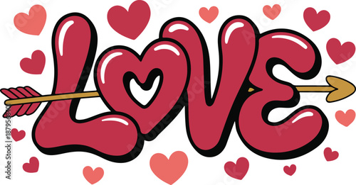 Valentine love lettering with cupid arrow and romantic hearts on transparent background