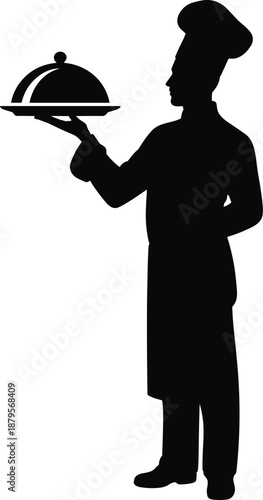 Silhouette of a chef in uniform holding a serving cloche on a white background Keywords: chef, cook, silhouette, food, serving, cloche, dish, restaurant, catering, uniform, hat