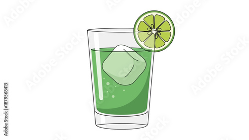 Refreshing Green Cocktail with Lime Slice and Ice.