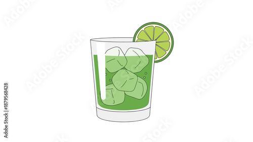 Refreshing Green Cocktail with Lime Slice and Ice Cubes.